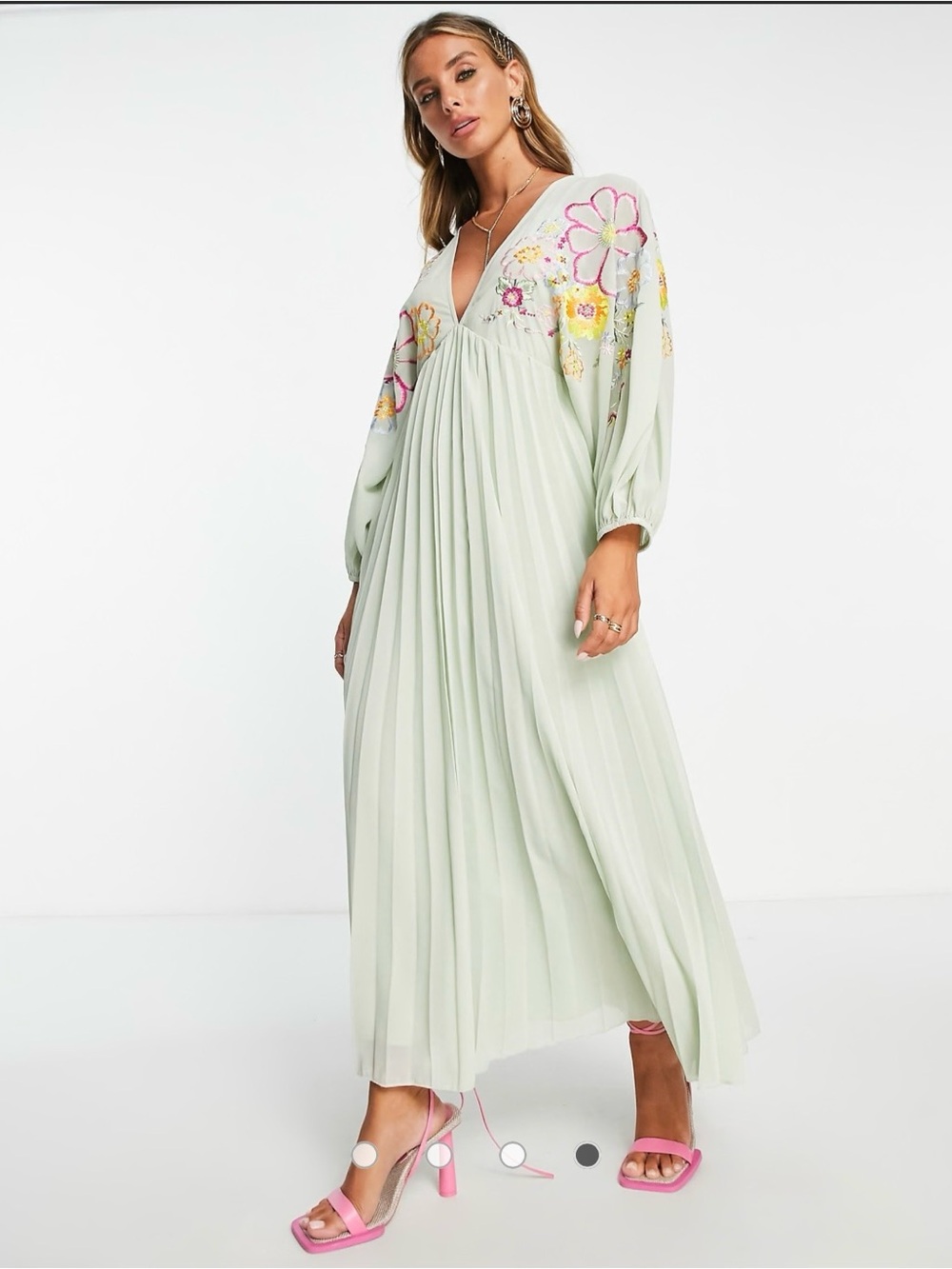 ASOS Boho Pale Green Embroidered V‑Neck Midi Dress